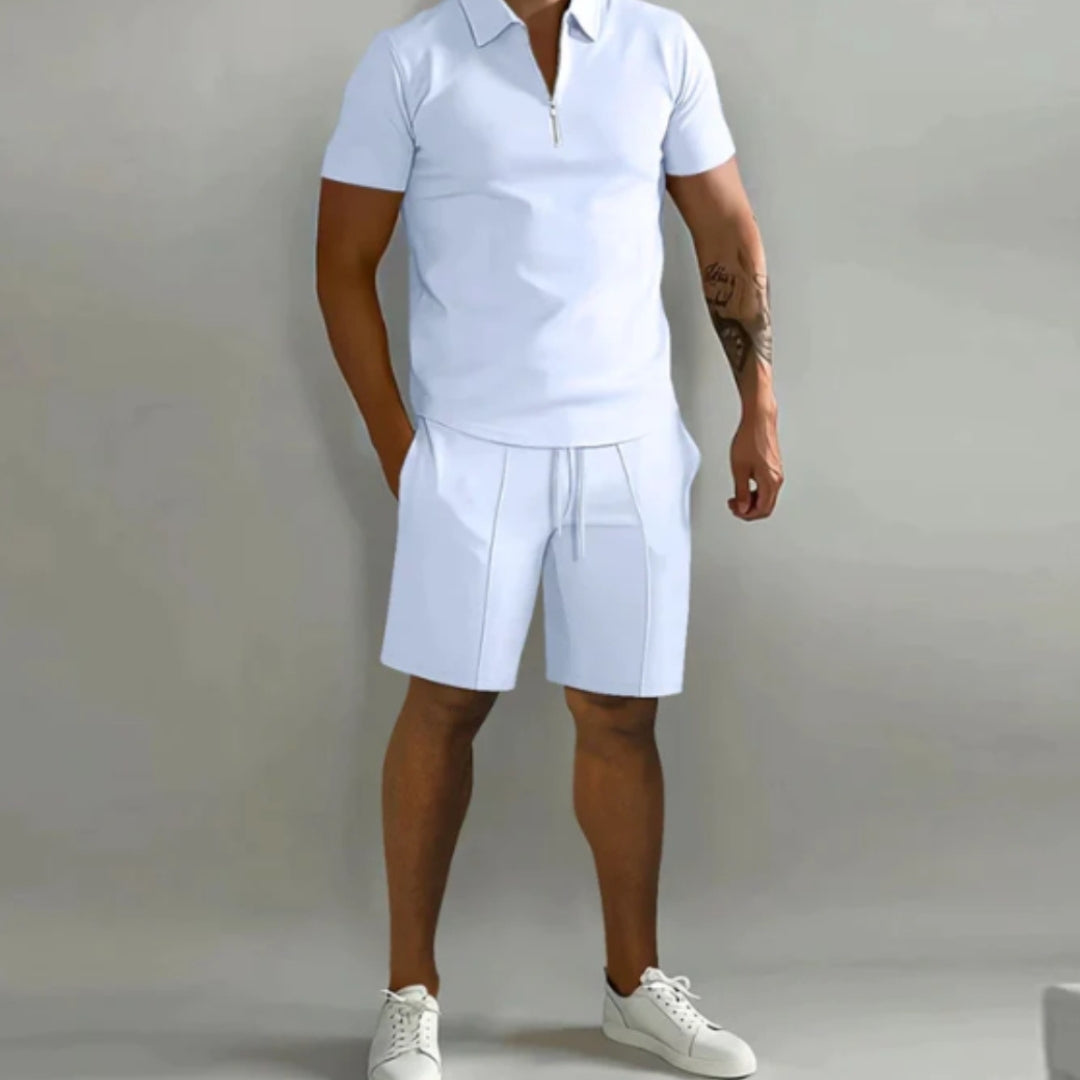 Men's Summer Short Sleeve Shirt and Shorts Set with Quarter Zip Design and Moisture-Regulating Fabric
