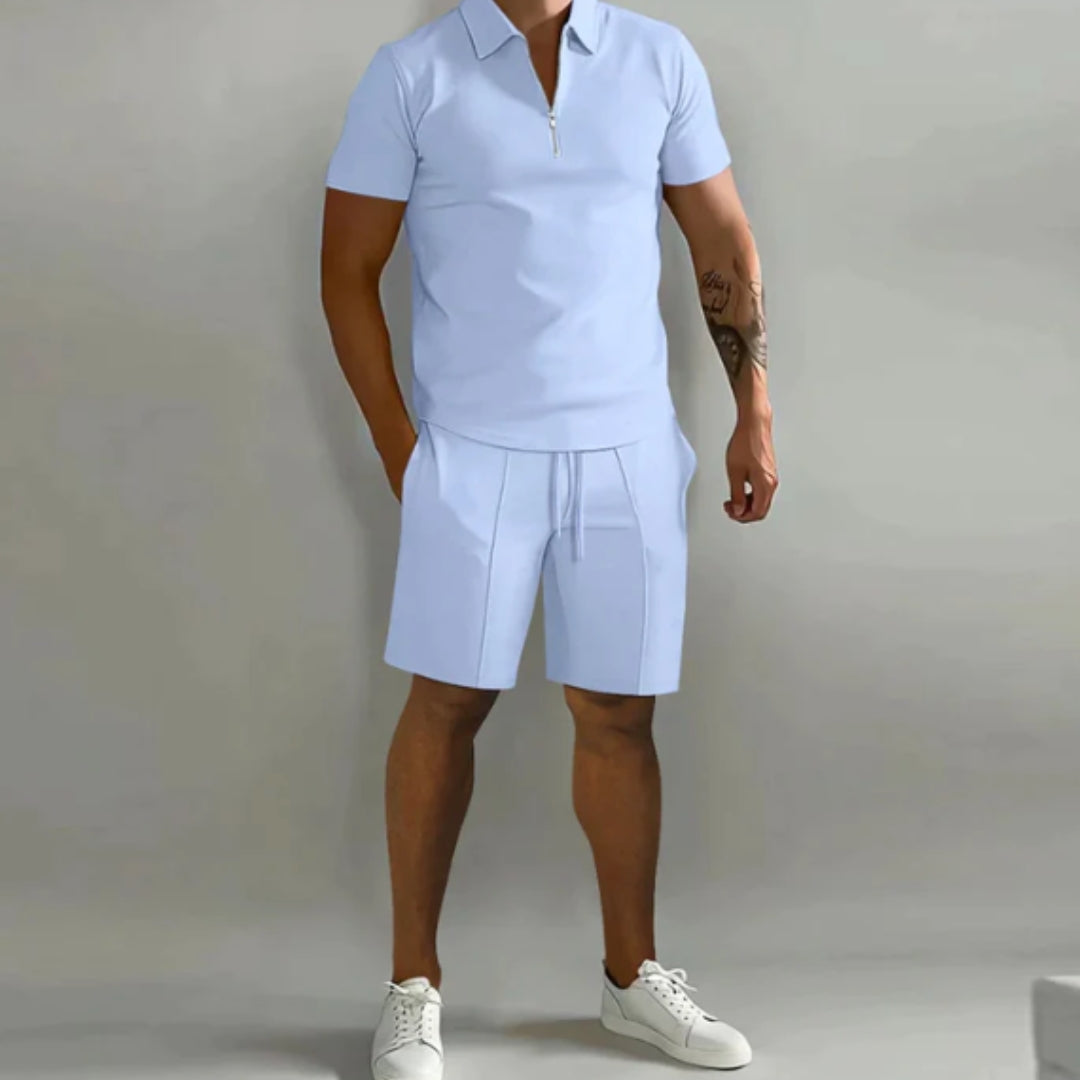 Men's Summer Short Sleeve Shirt and Shorts Set with Quarter Zip Design and Moisture-Regulating Fabric