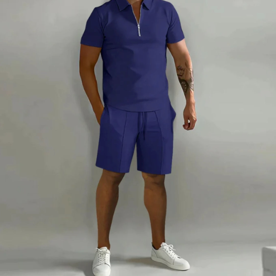Men's Summer Short Sleeve Shirt and Shorts Set with Quarter Zip Design and Moisture-Regulating Fabric