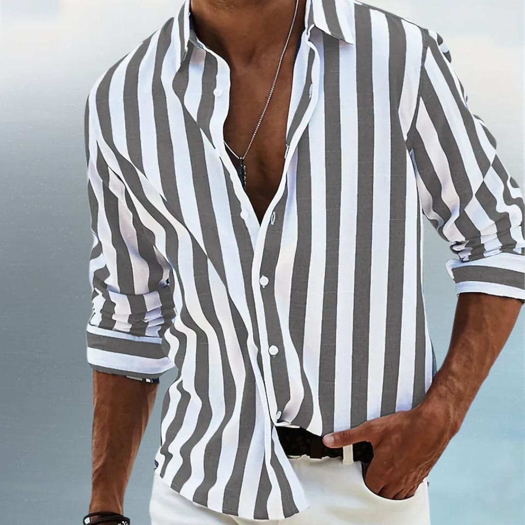 Men’s Summer Striped Shirt – Light Blue Linen Blend with Relaxed Fit