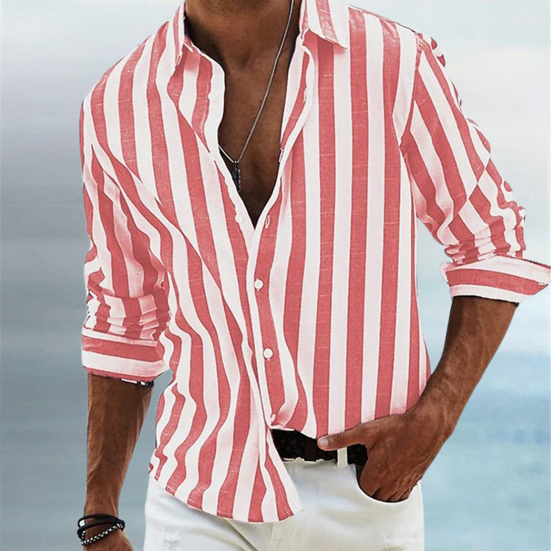 Men’s Summer Striped Shirt – Light Blue Linen Blend with Relaxed Fit