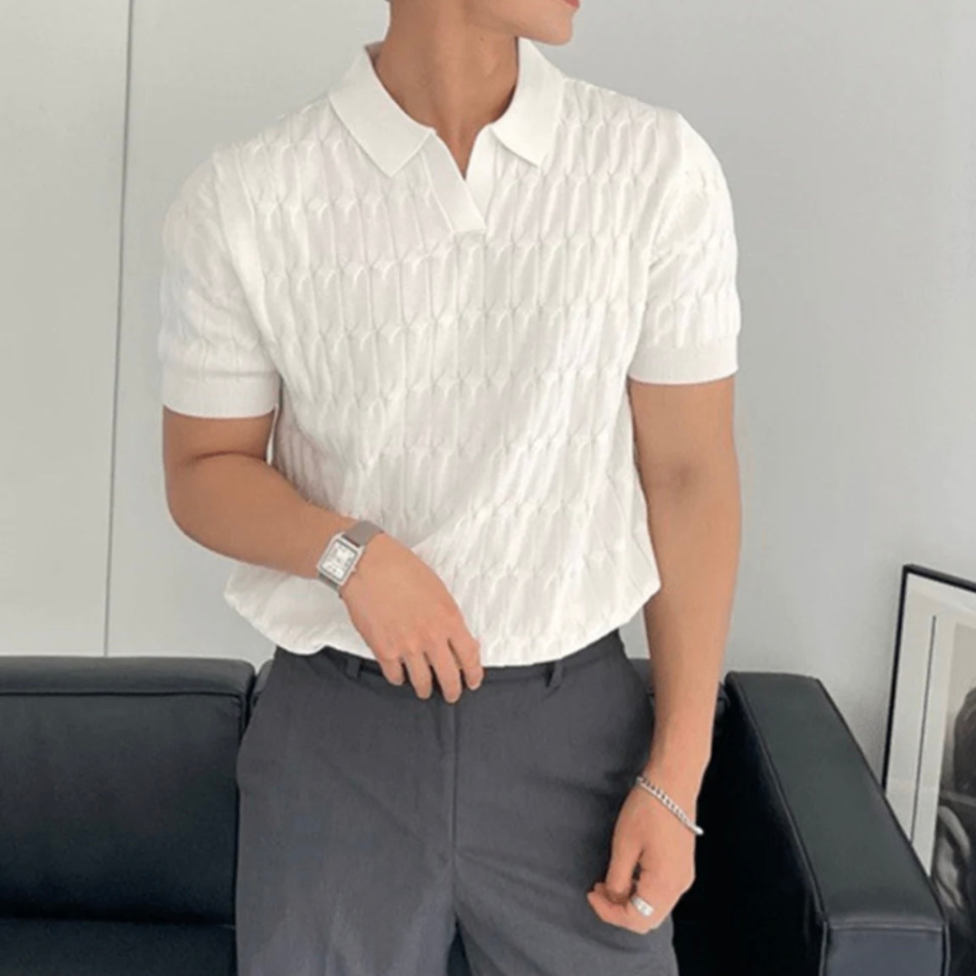 Men’s Textured Polo Shirt – Elegant Fit with V Neck and Short Sleeves