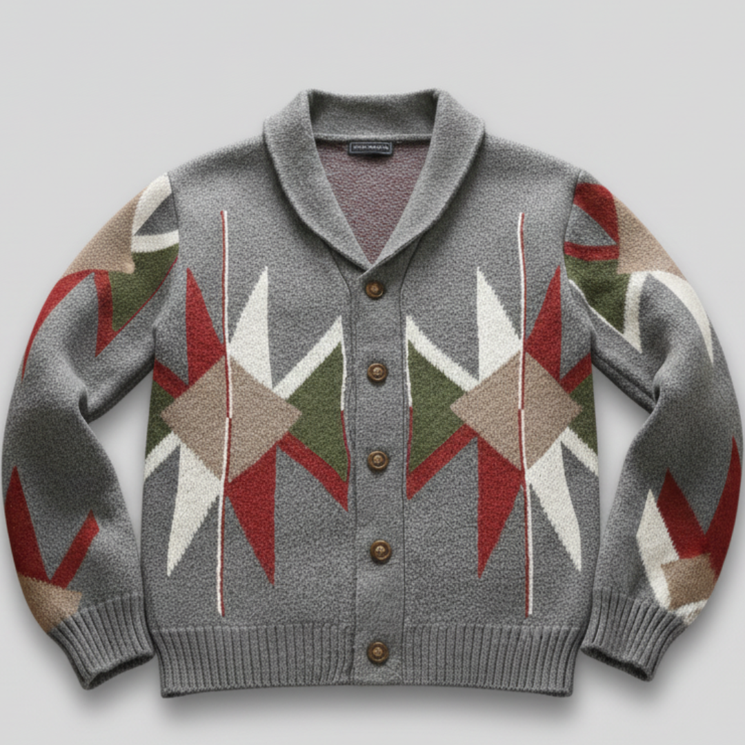 Men’s Vintage Jacquard Knit Cardigan with Button Closure
