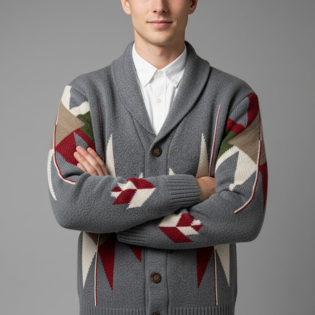Men’s Vintage Jacquard Knit Cardigan with Button Closure