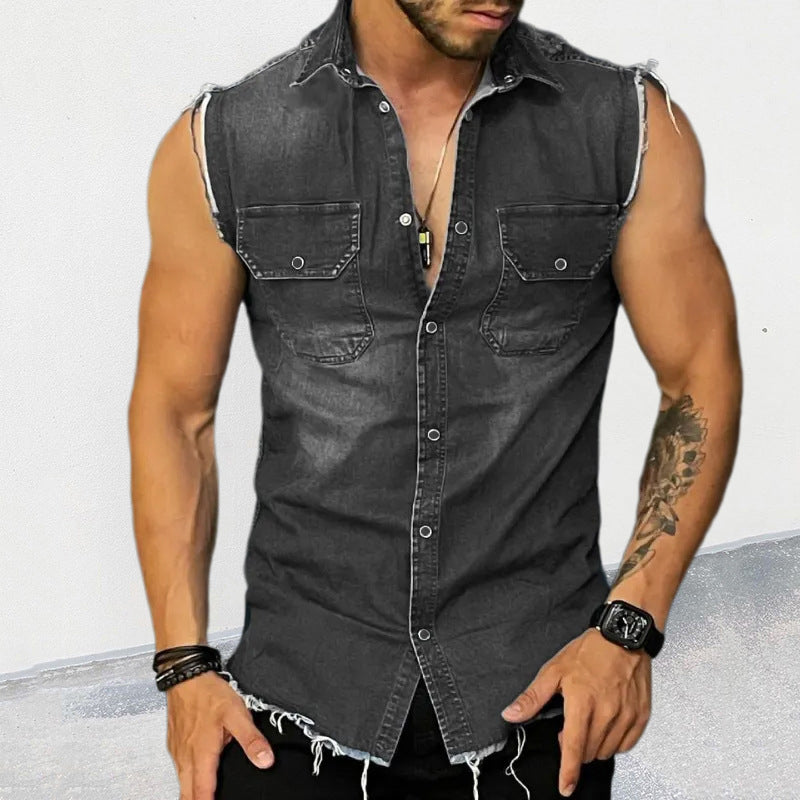 Men's Casual Sleeveless Denim Shirt with Button Closure and Slim Fit 0