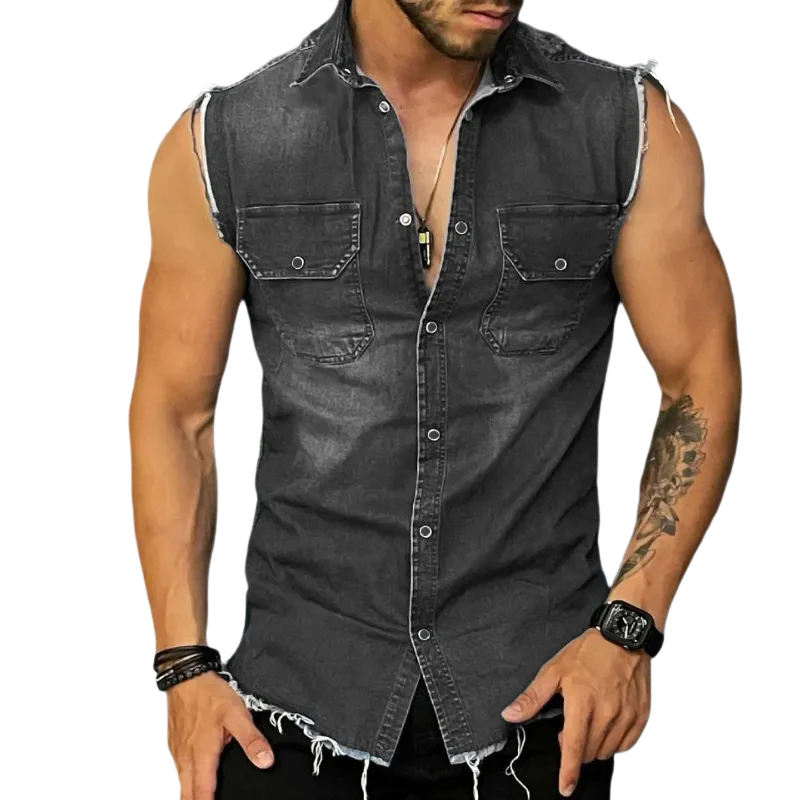 Men's Casual Sleeveless Denim Shirt with Button Closure and Slim Fit 1
