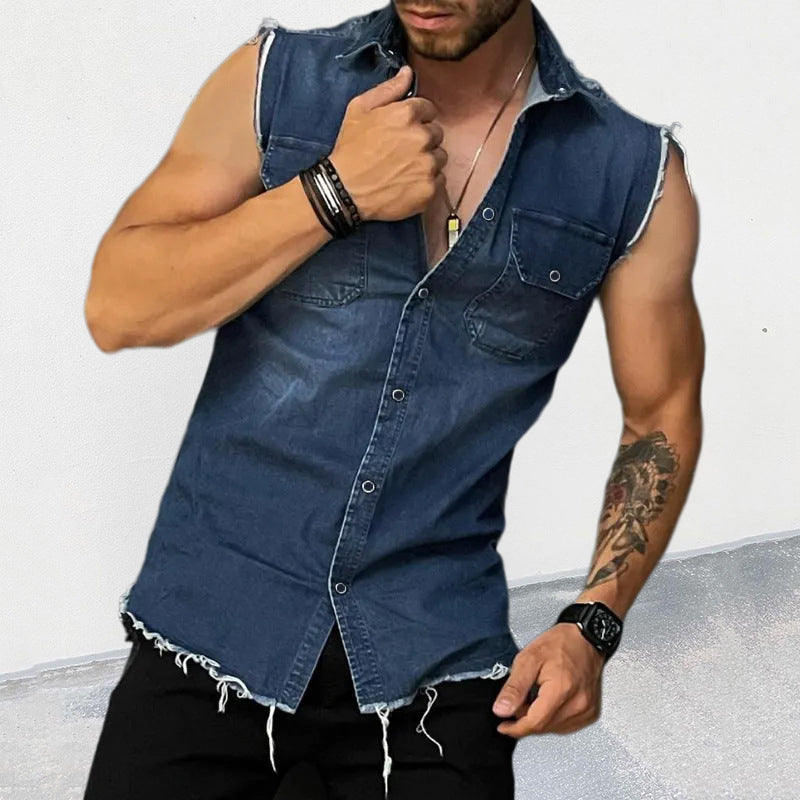 Men's Casual Sleeveless Denim Shirt with Button Closure and Slim Fit 5