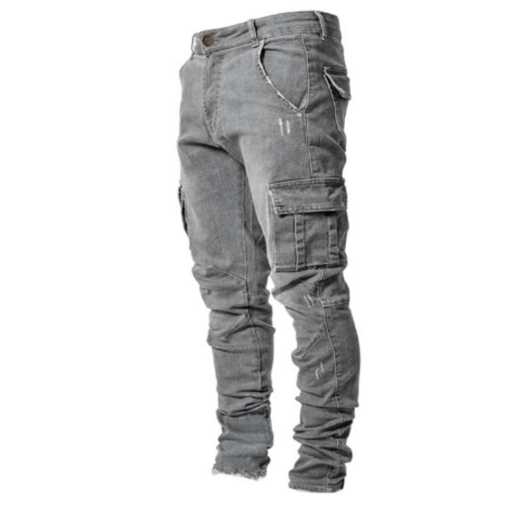 Men's Rugged Cargo Jeans with Multiple Pockets and Comfortable Fit 0