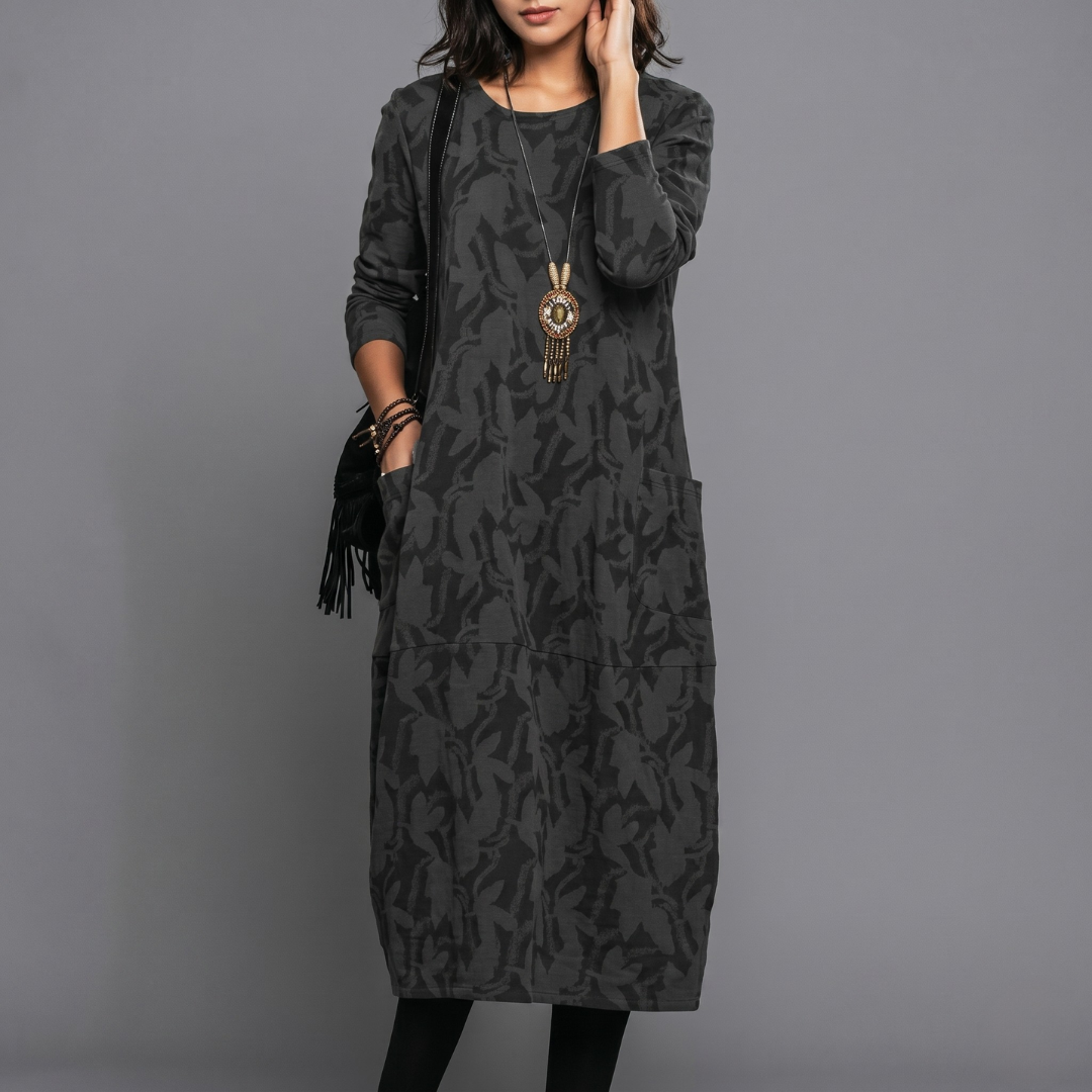 Charcoal gray everyday midi dress with crew neckline and functional pockets