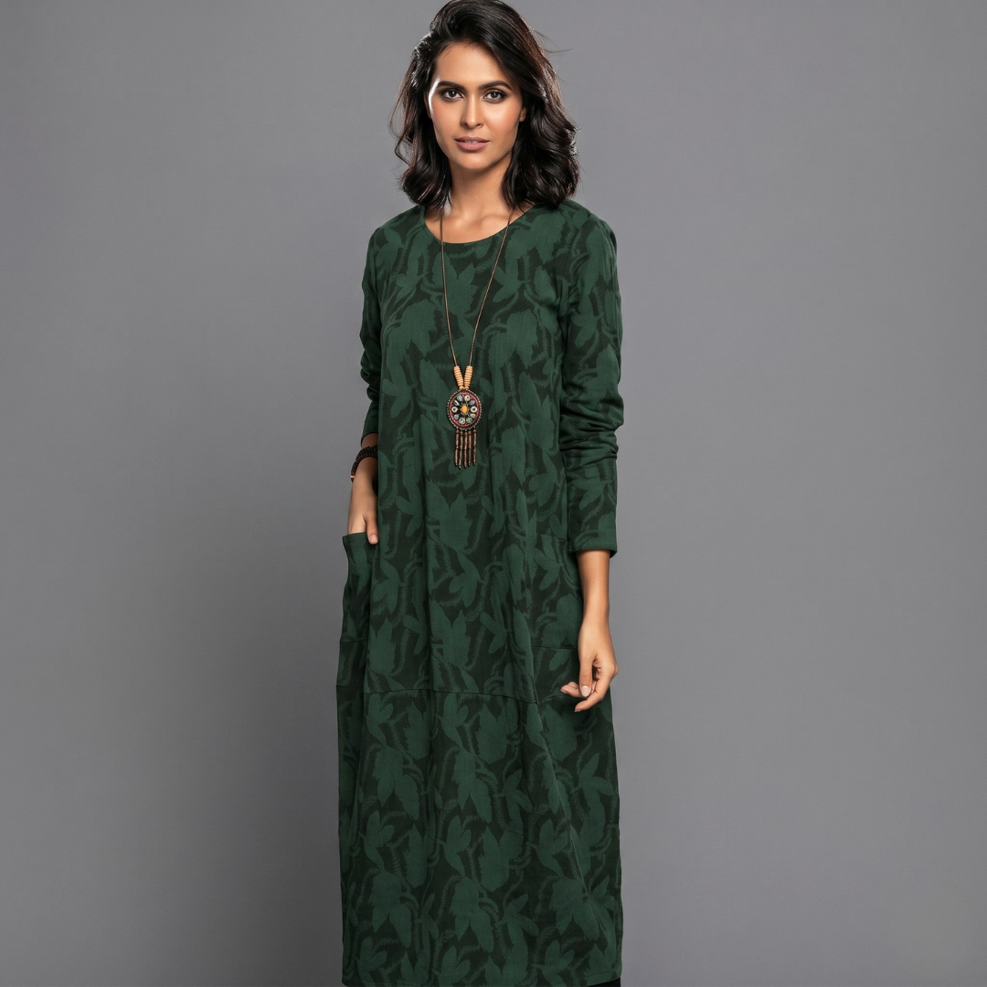 Dark green leafy jacquard midi dress with round neck and relaxed silhouette