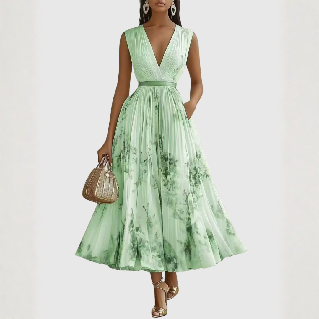 Mint green sleeveless chiffon midi dress with watercolor floral print