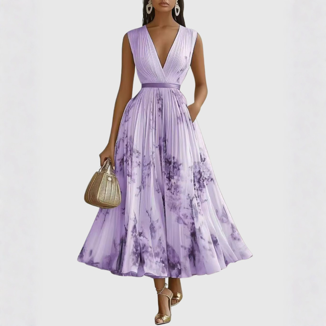 Lavender sleeveless pleated midi dress with purple watercolor floral print
