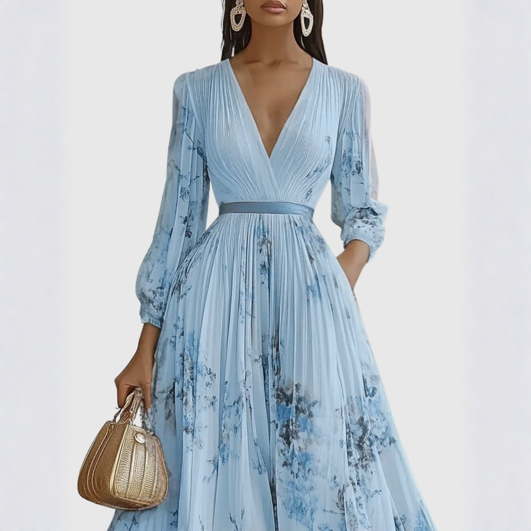 Light blue long-sleeve pleated midi dress with subtle floral design