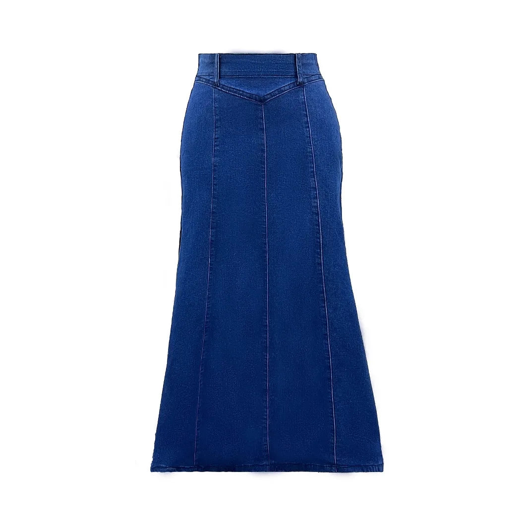 Plus Size Long Denim Skirt – Comfortable Artistic Retro Style with Stretch Material 2