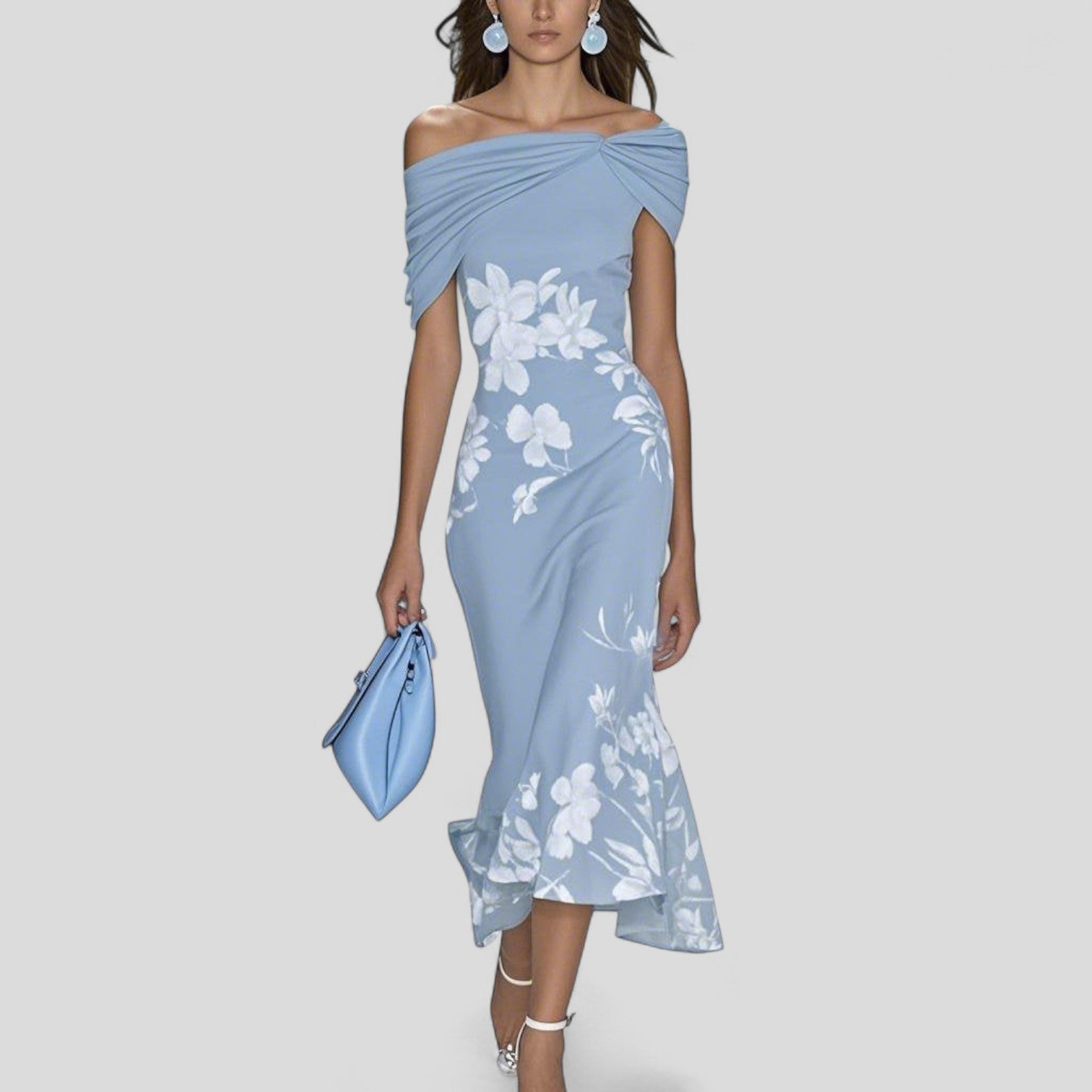 Sage green off-shoulder floral midi dress with ruched neckline and mermaid hem