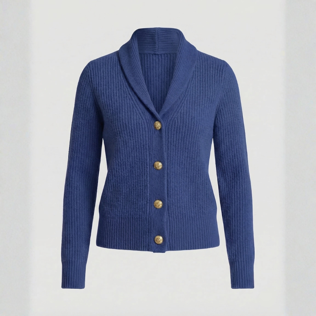 Navy blue long-sleeve knit cardigan with four gold buttons