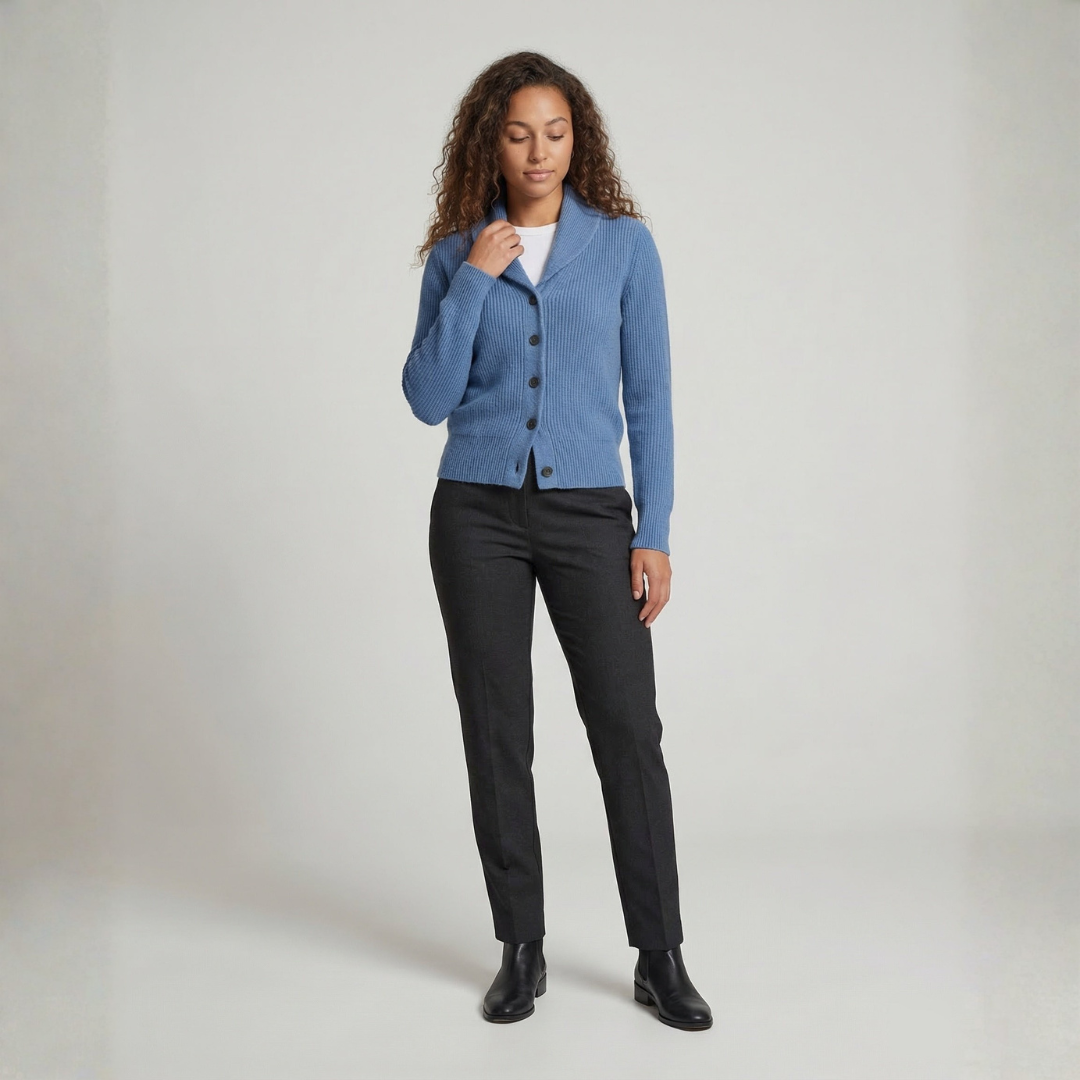 Woman modeling light blue lapel collar cardigan for office wear
