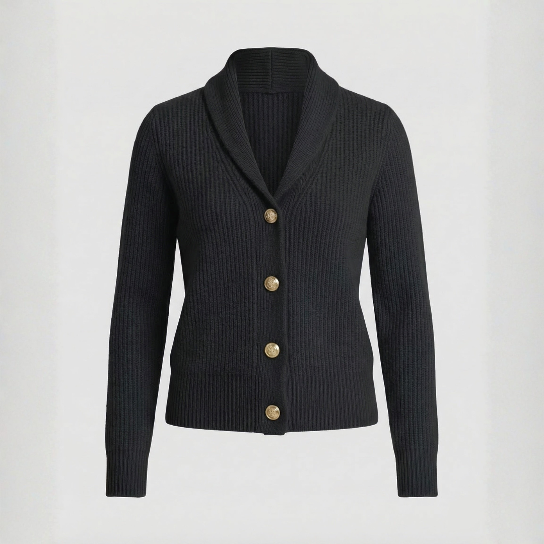 Black ribbed knit cardigan with gold-toned buttons and lapel collar