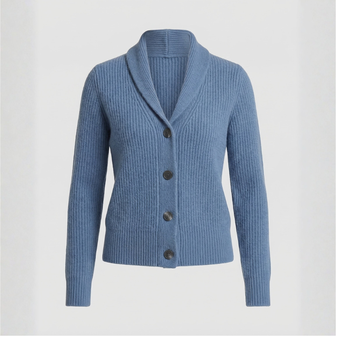 Light blue button-front cardigan with shawl lapel collar detail