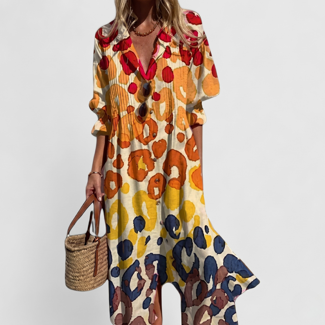 Cream abstract organic pattern maxi dress with red and navy blue colors, button-down linen shirt dress