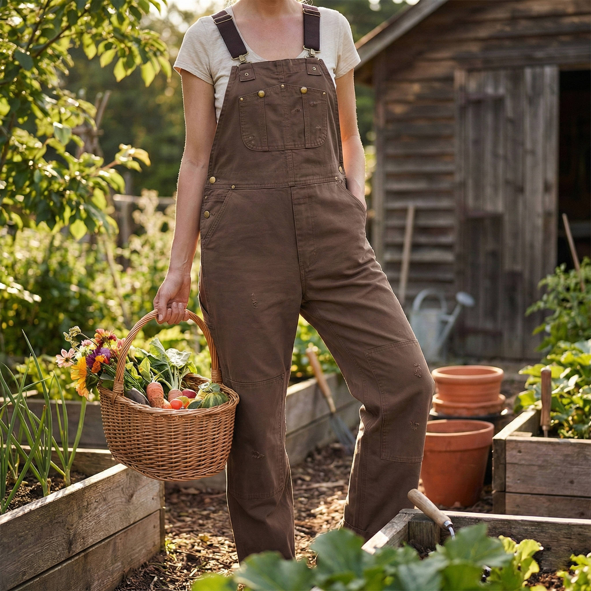 Brown women's canvas work overalls worn in garden holding vegetable basket