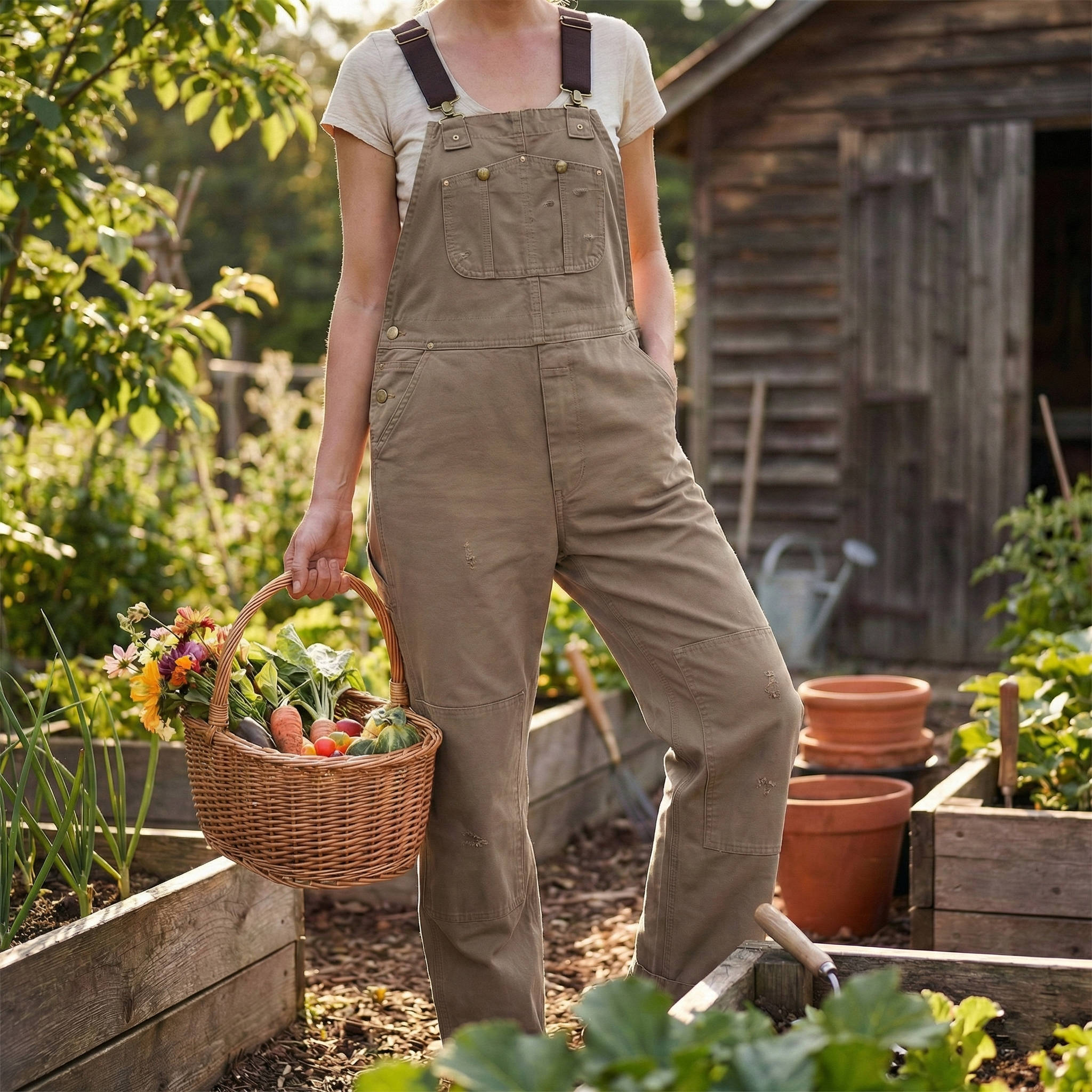 Olive green canvas bib overalls worn in garden with adjustable webbing straps