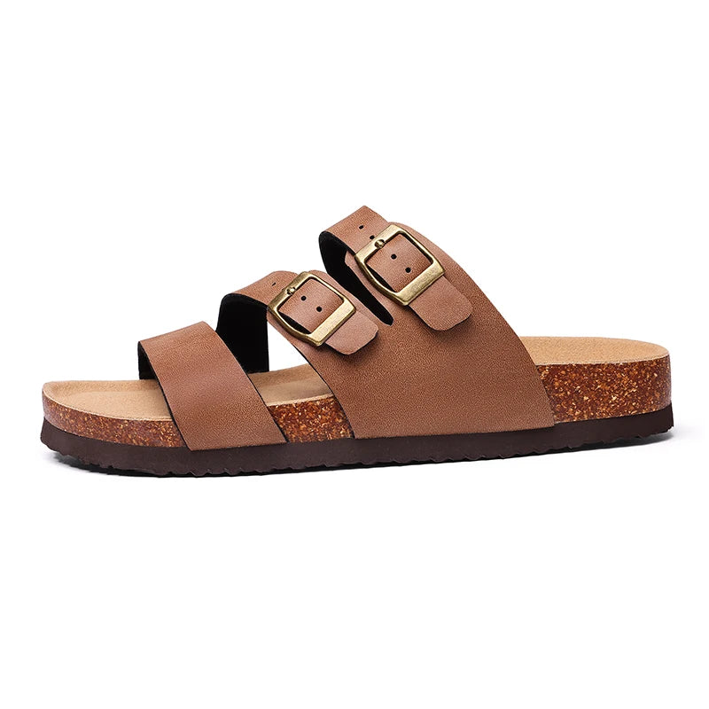 Women's Cork Footbed Sandals – Memory Foam Comfort Brown Faux Leather Slides