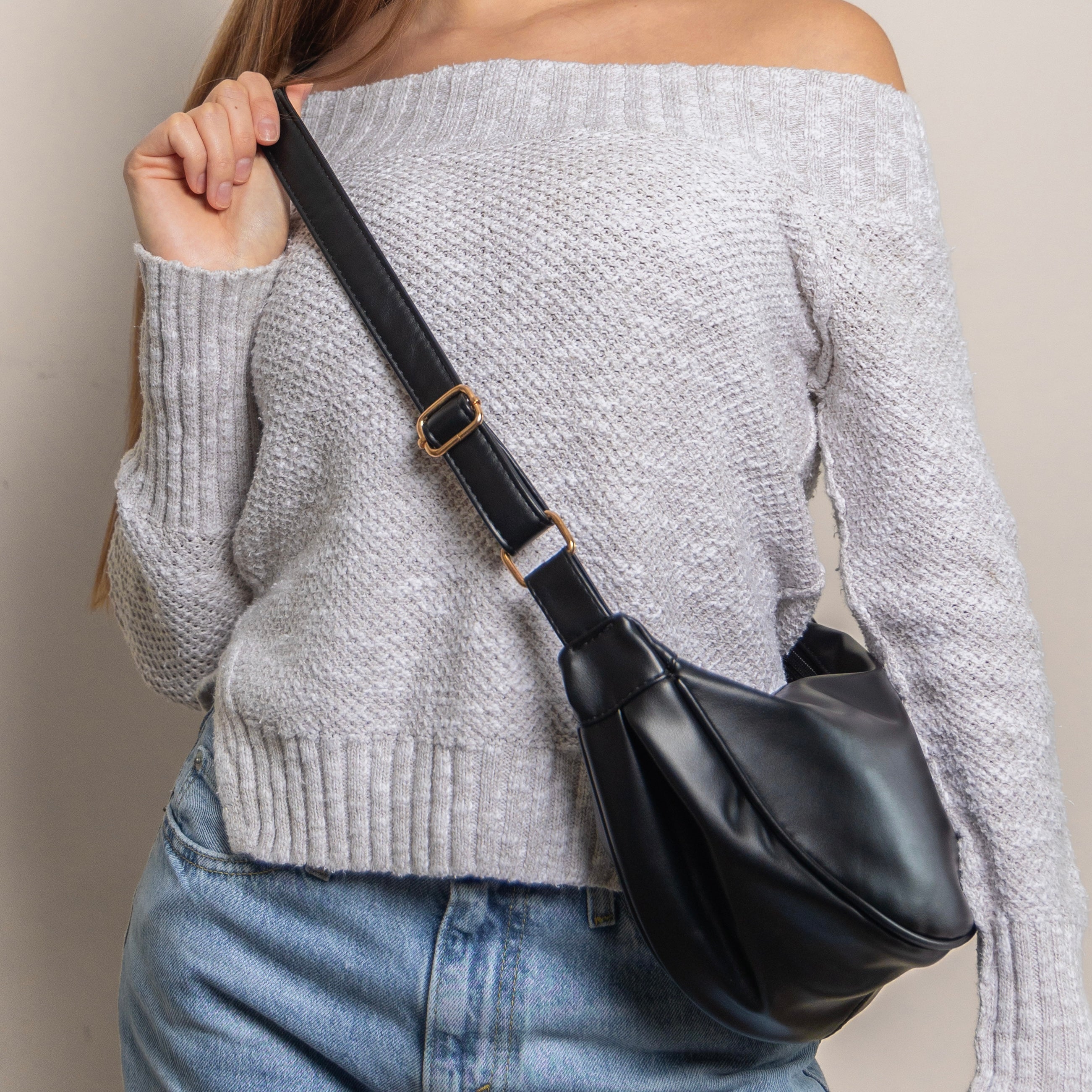 Women’s Crescent Shoulder Bag with Adjustable Strap and Zip Closure