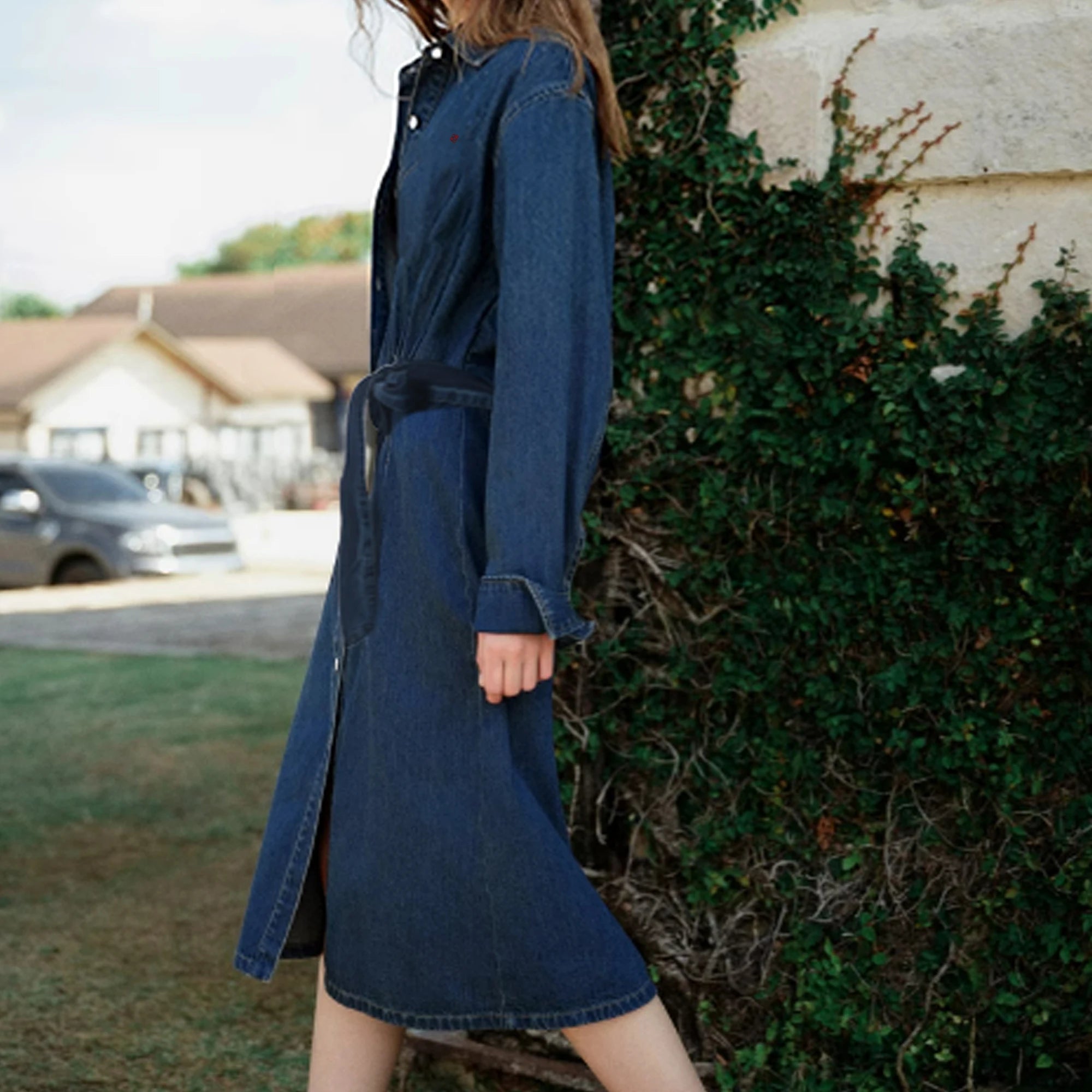 Women's Denim Dress – Stylish A-line Cut with Belted Design