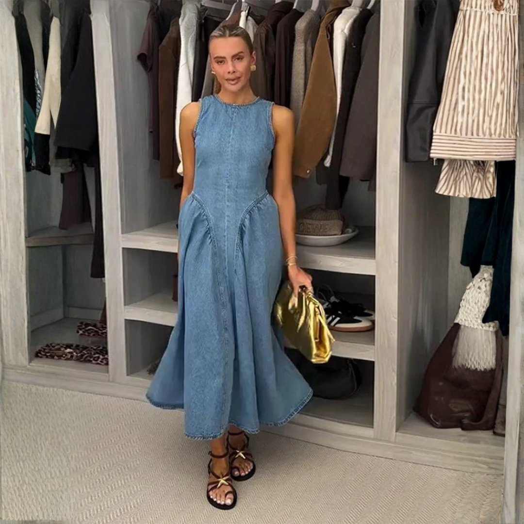 Women's Denim Dress Summer – Backless Lace-Up Pleated Skirt Midi