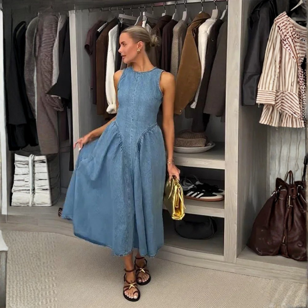 Women's Denim Dress Summer – Backless Lace-Up Pleated Skirt Midi