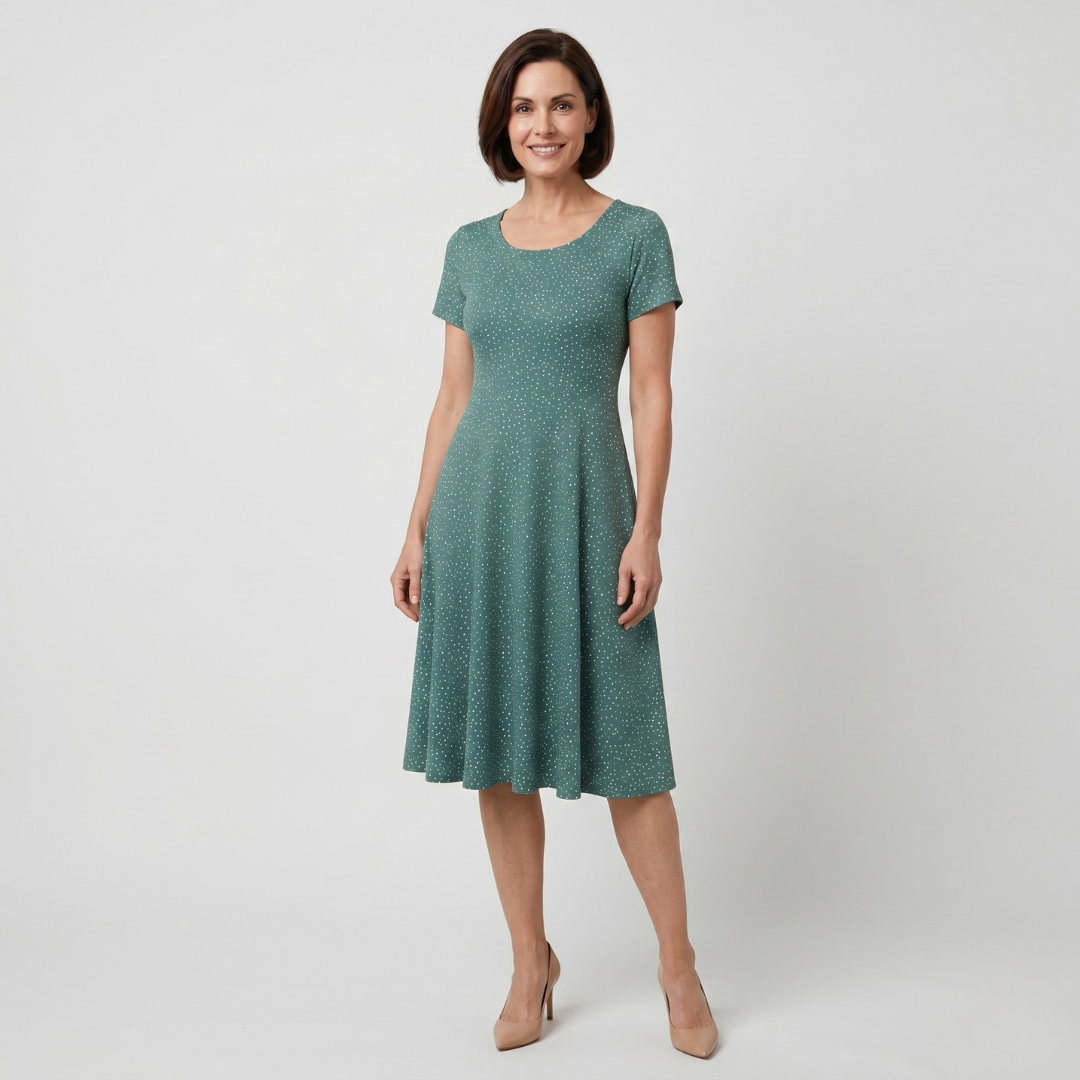 Teal green dotted midi dress with short sleeves and flowy A-line fit