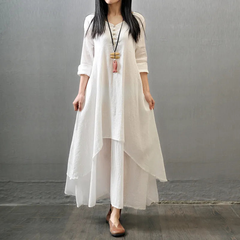 Women's Elegant Bohemian Linen Dress – Loose Fit, Long Sleeves, Gradient Design