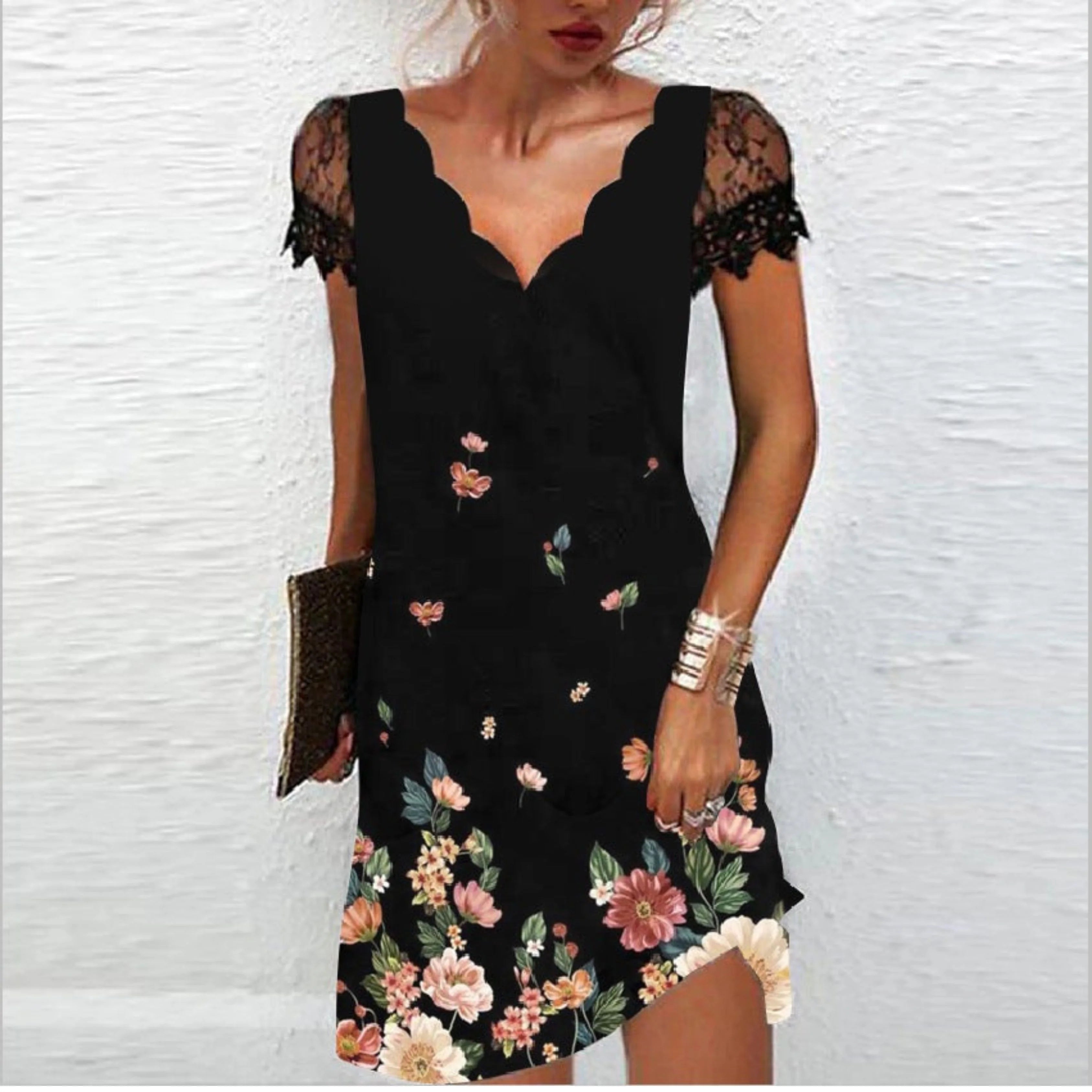 Women’s Elegant Lace Trim Midi Dress – V-Neck Short Sleeve Evening Style
