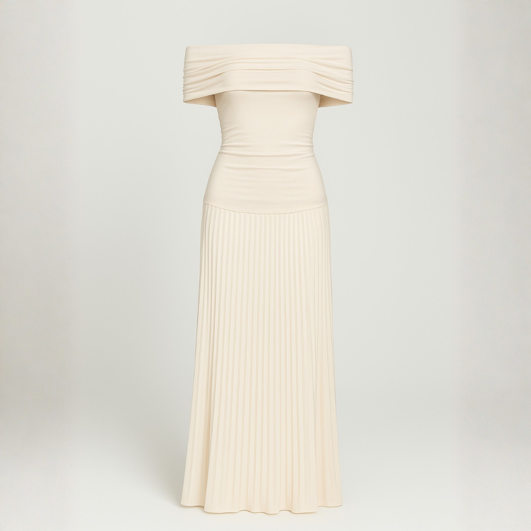 Women's Elegant Off-Shoulder Maxi Dress – Flowing Pleated Skirt for Wedding Events