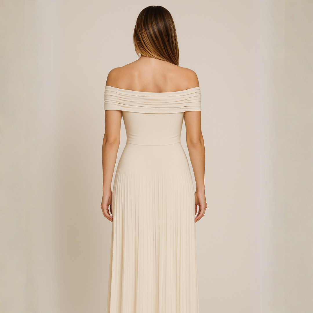 Women's Elegant Off-Shoulder Maxi Dress – Flowing Pleated Skirt for Wedding Events