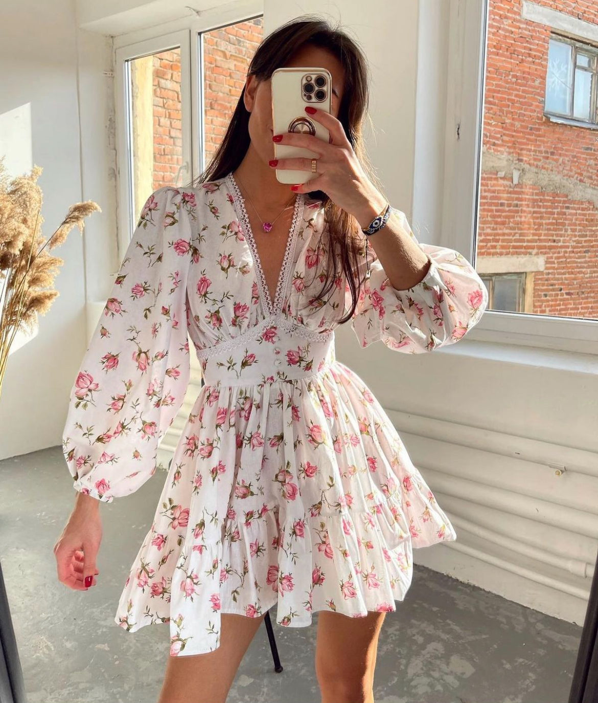 Women’s Floral Mini Dress – V-Neck Lace Trim Long Sleeve Style