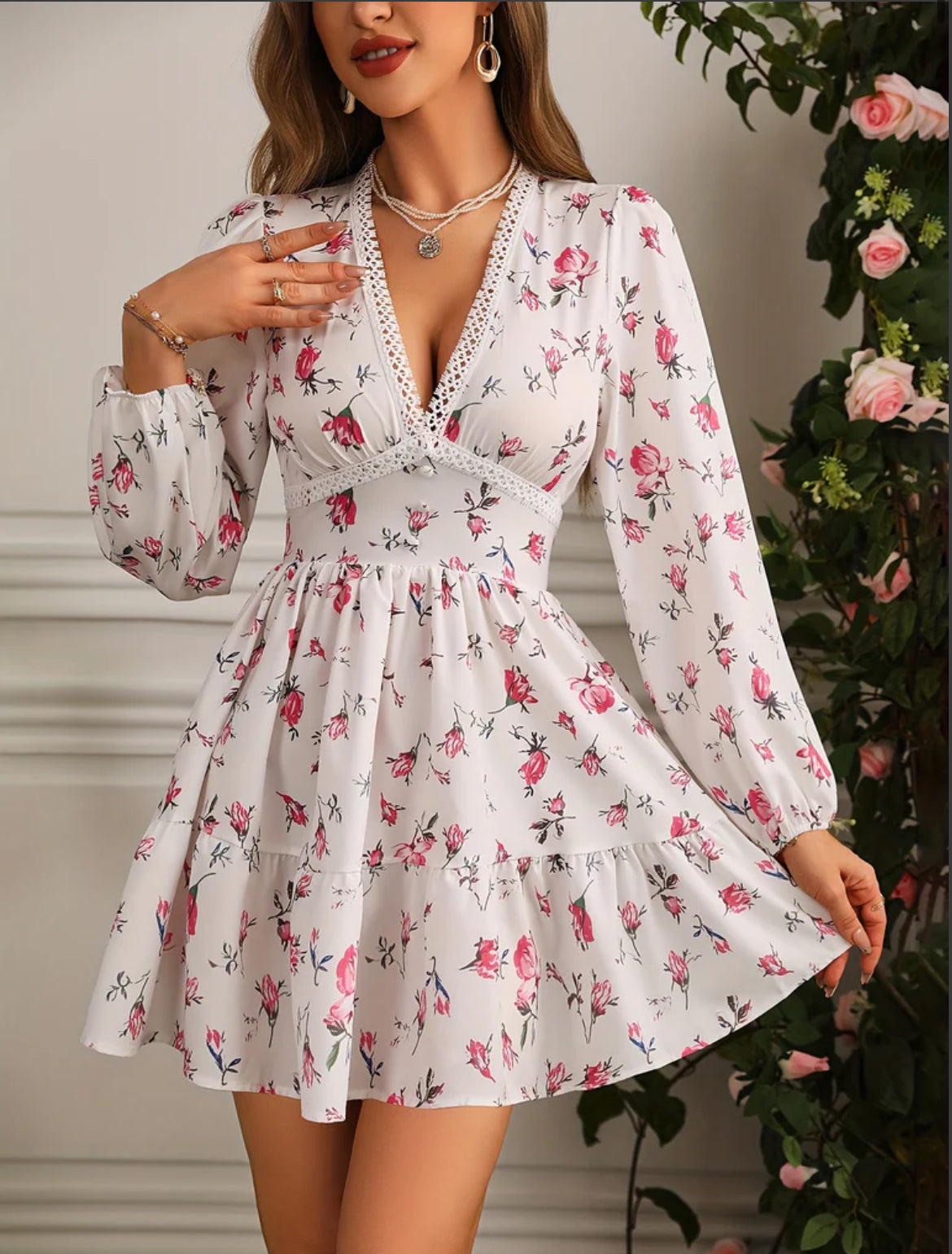 Women’s Floral Mini Dress – V-Neck Lace Trim Long Sleeve Style