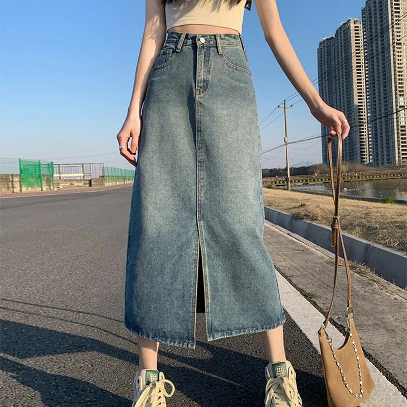 Women's High-Waist Denim Skirt – Stylish A-Line Design with Trendy Slit 1