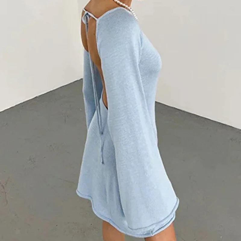 Women’s Knit Mini Dress – Long Sleeve Flared Cuff Fitted Style
