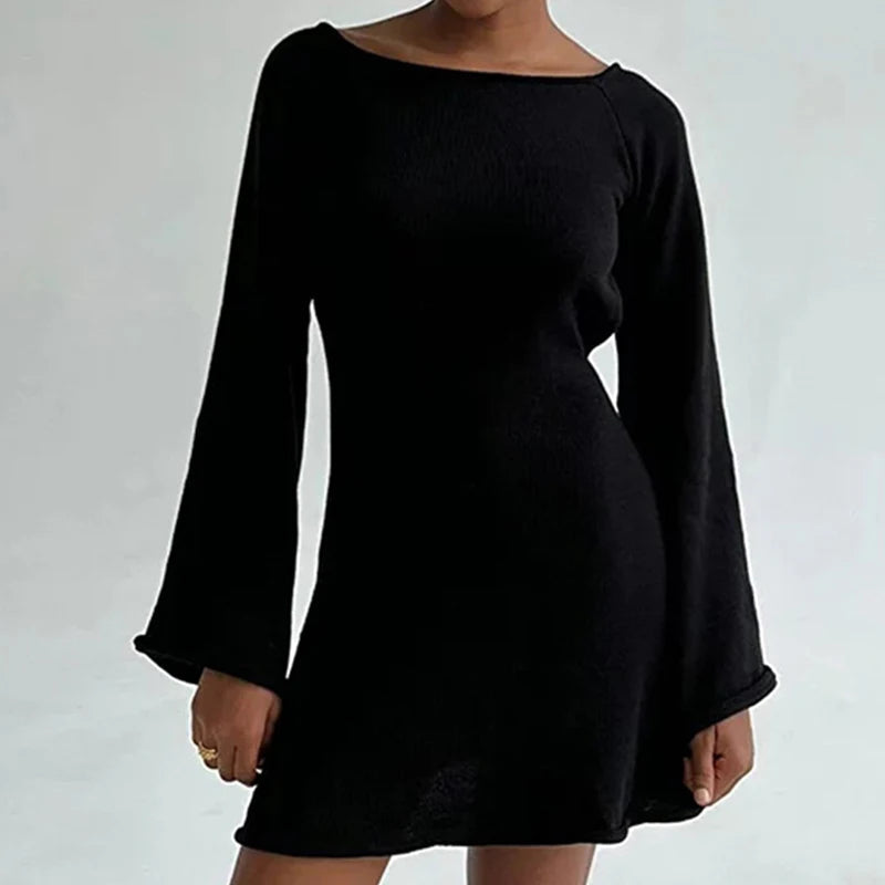 Women’s Knit Mini Dress – Long Sleeve Flared Cuff Fitted Style