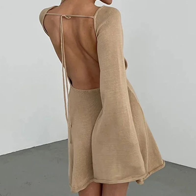 Women’s Knit Mini Dress – Long Sleeve Flared Cuff Fitted Style