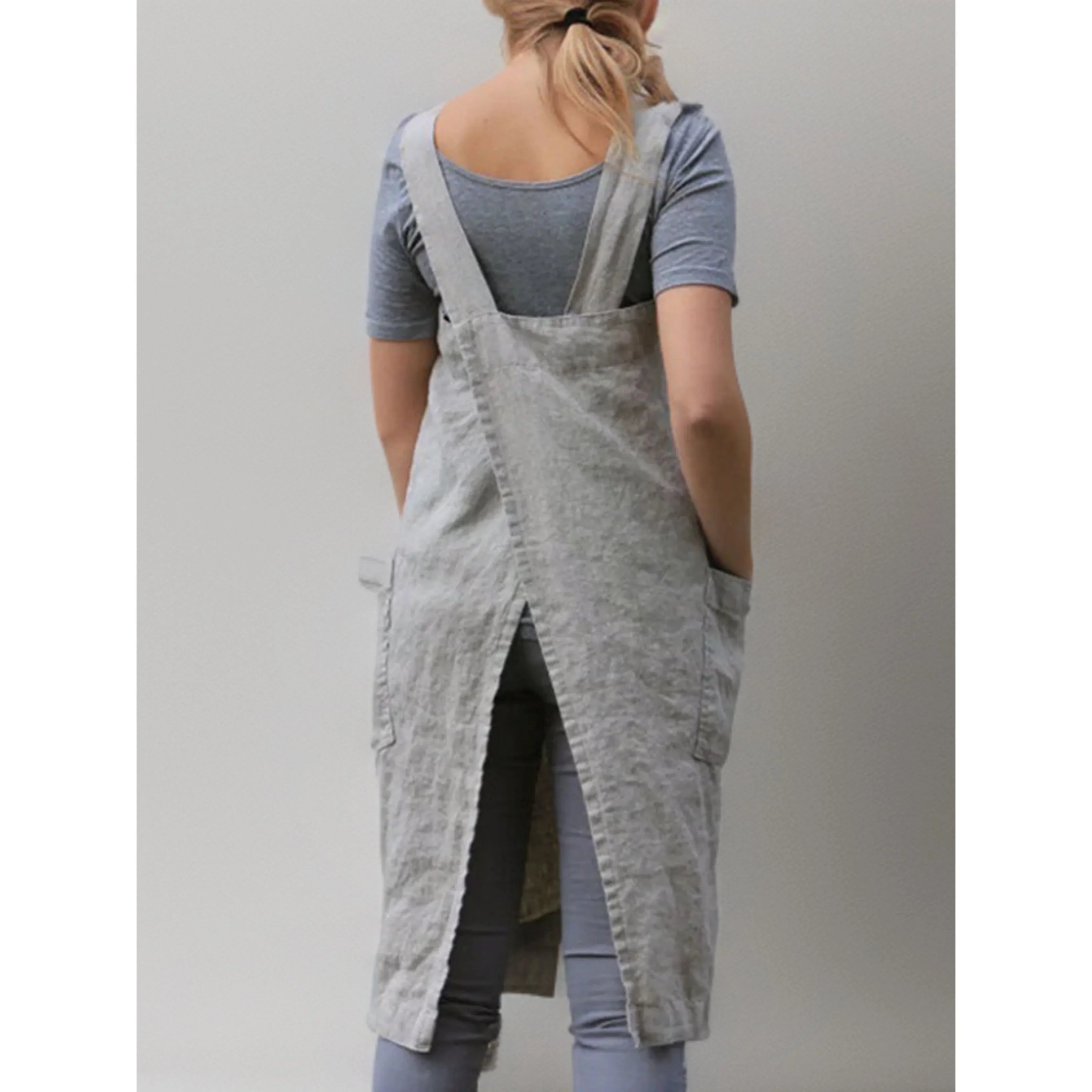 Women’s Linen Apron Midi Dress with Pockets