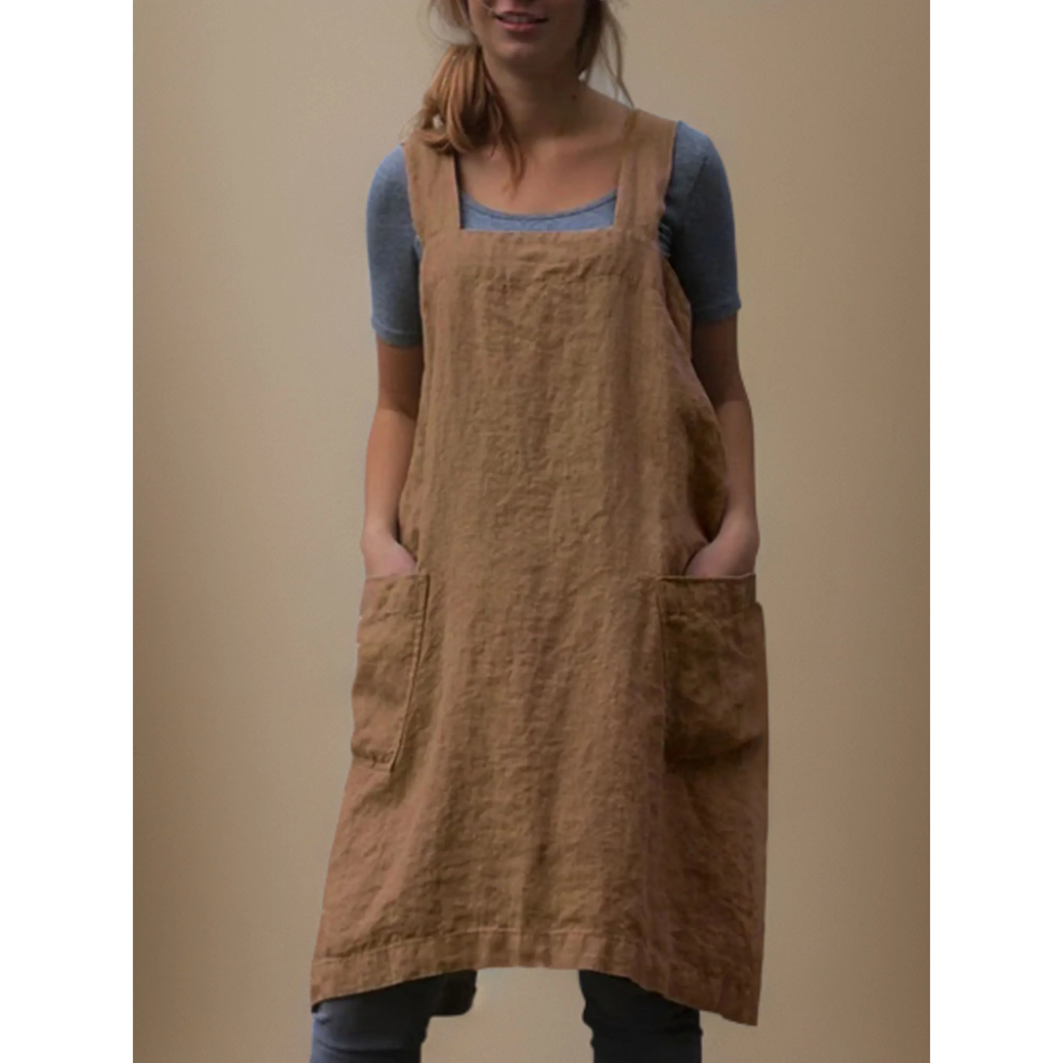 Women’s Linen Apron Midi Dress with Pockets