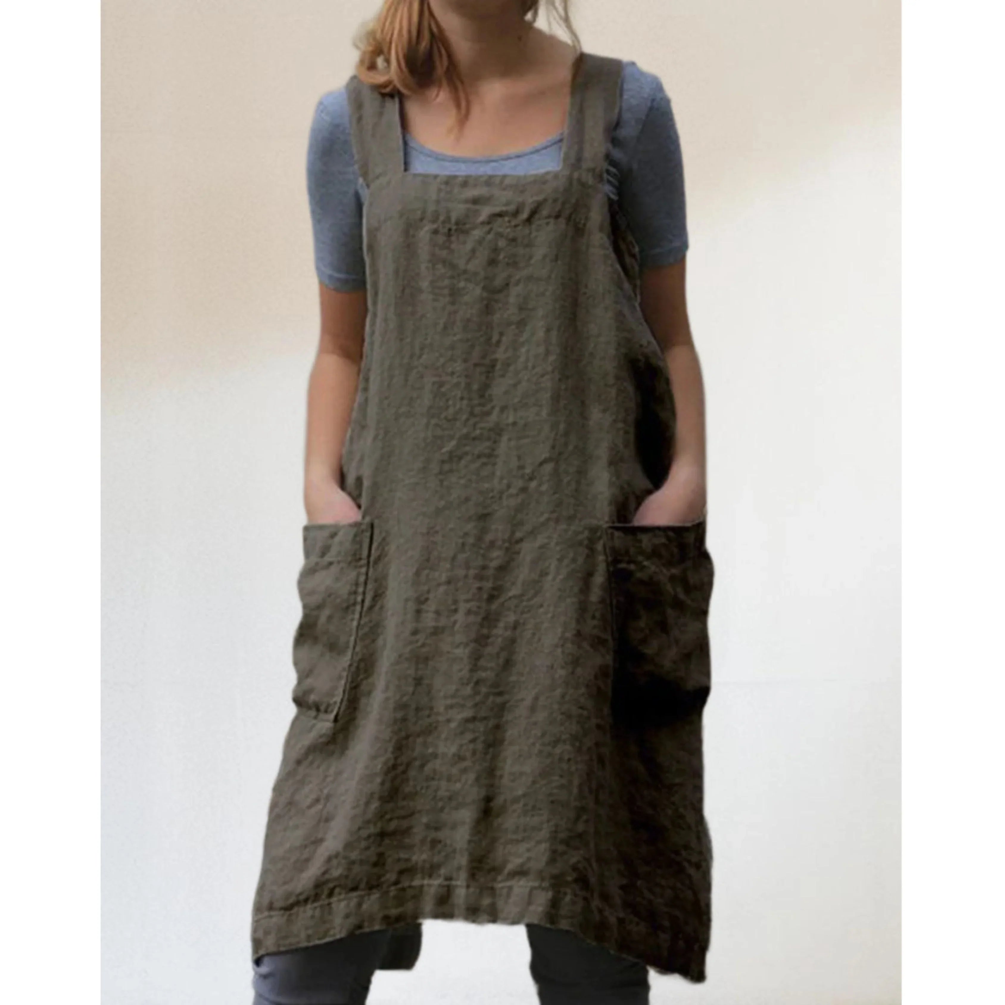 Women’s Linen Apron Midi Dress with Pockets