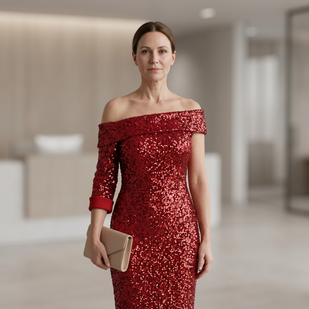 Women's red one-shoulder midi dress with contrasting sequins and long sleeves
