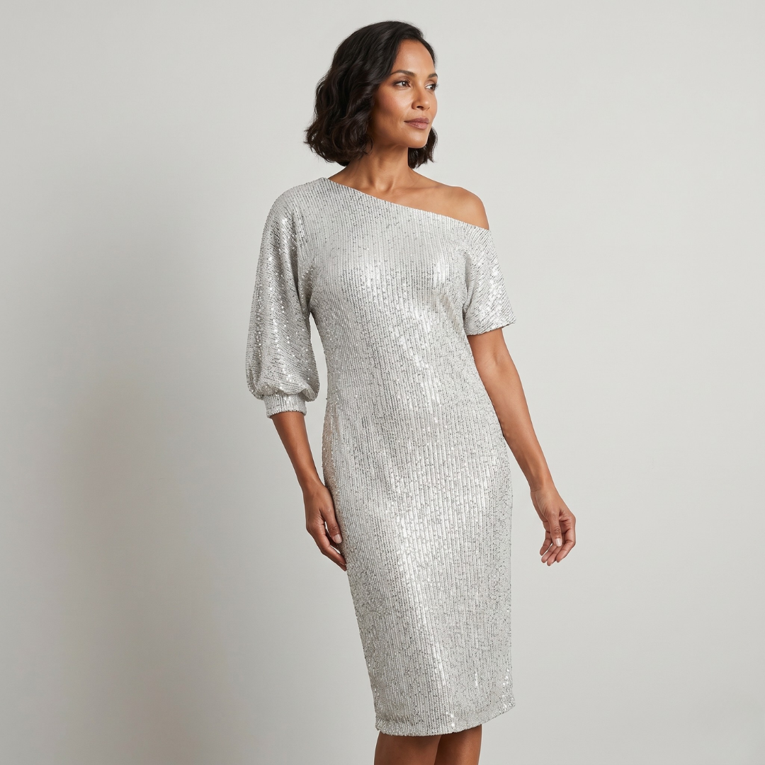 Women's silver one-shoulder midi dress with contrasting sequins and balloon sleeves