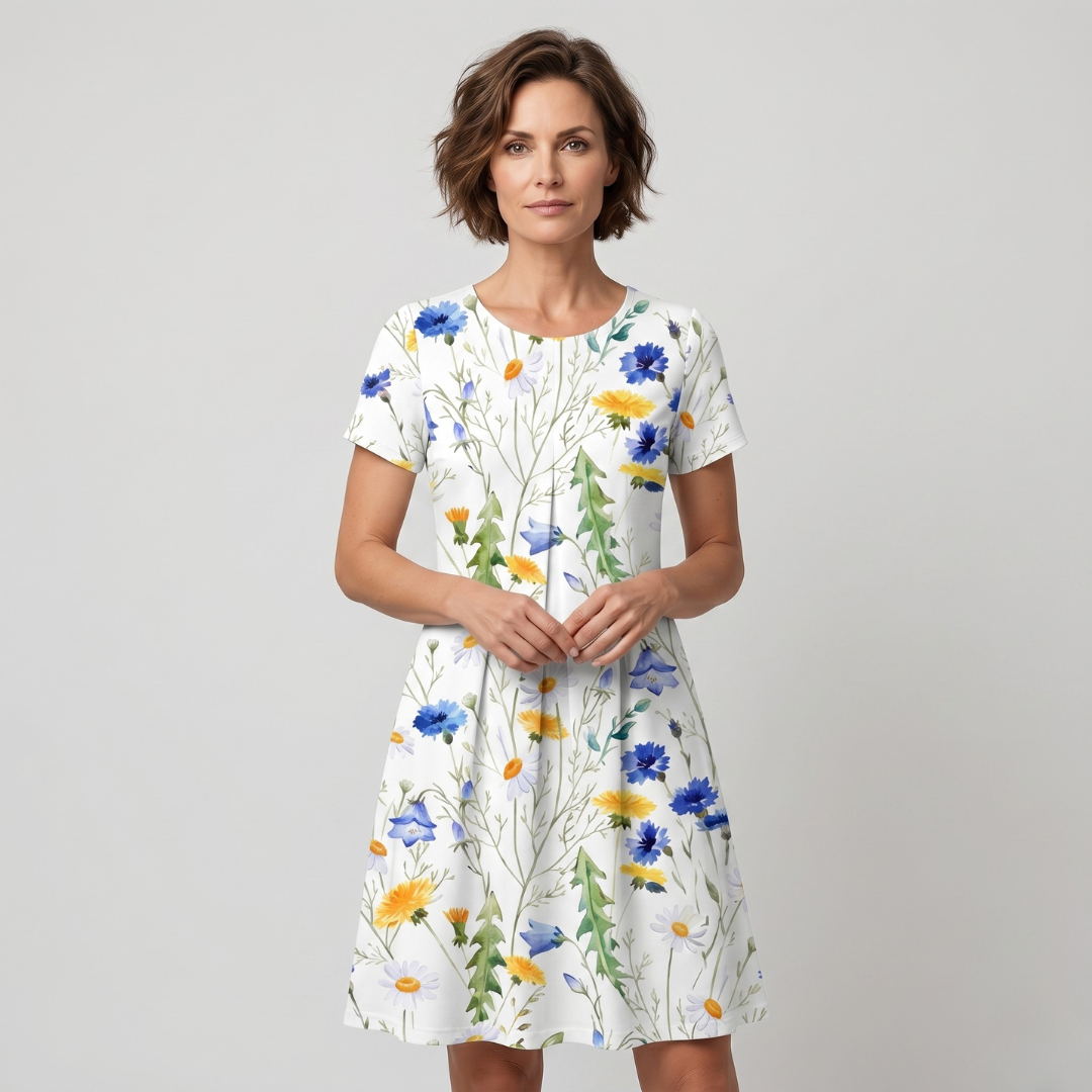 White watercolor floral midi dress with yellow dandelions