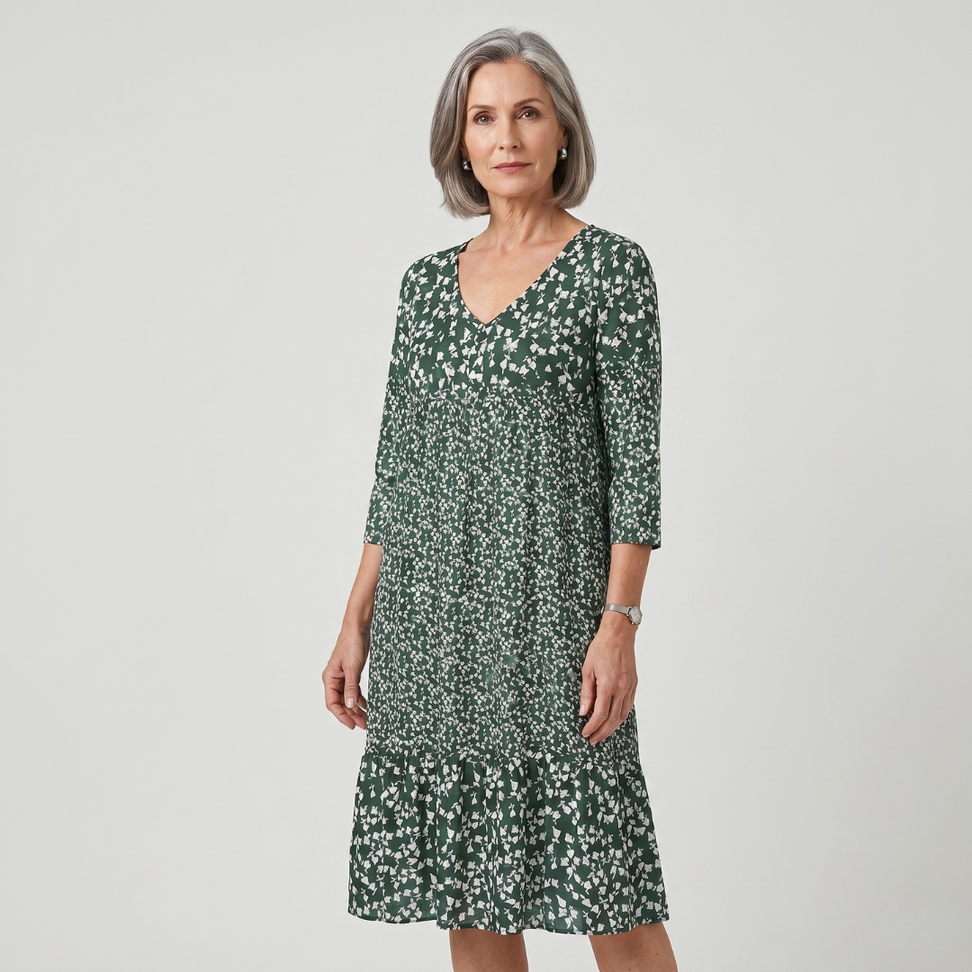 Dark green white floral midi dress side profile fit