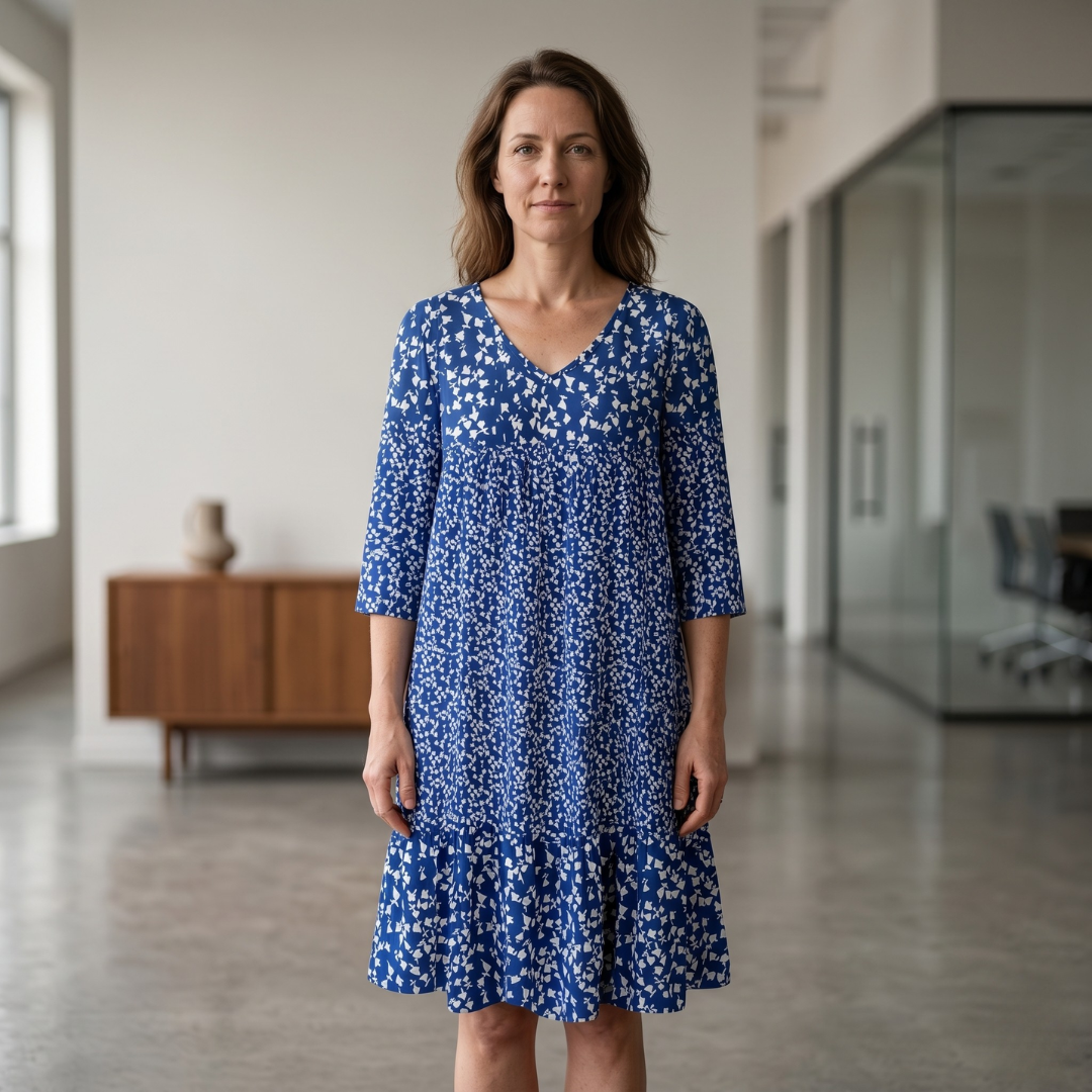 Women's blue printed midi dress casual everyday style front view